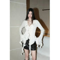 White Lace-Up Fairycore Blouse – Flare Sleeves & Ruffle Hem