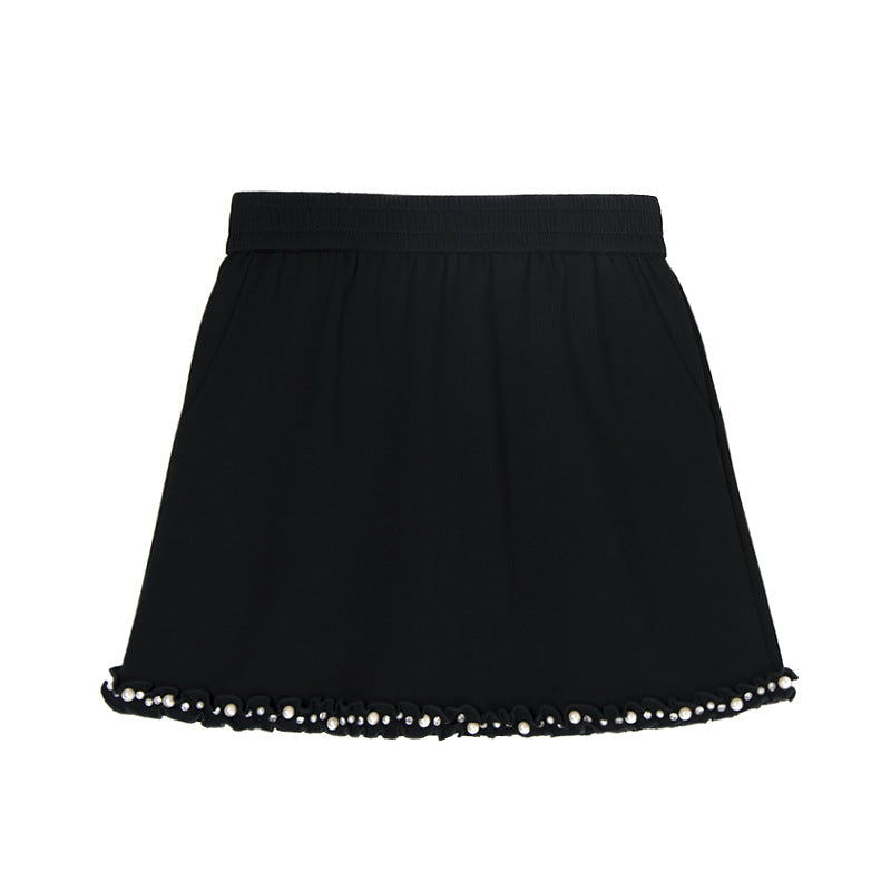 Fashion Set V-neck Solid Color Shoulder Pad T-shirt+Elastic Waist Short Skirt
