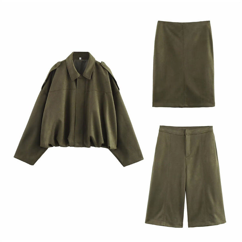 Fashionable lazy suede jacket bomber jacket shorts back skirt jacket set