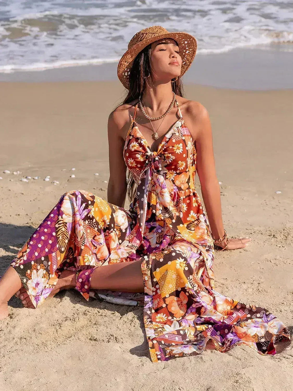 Slit Printed Halter Neck Cami Dress