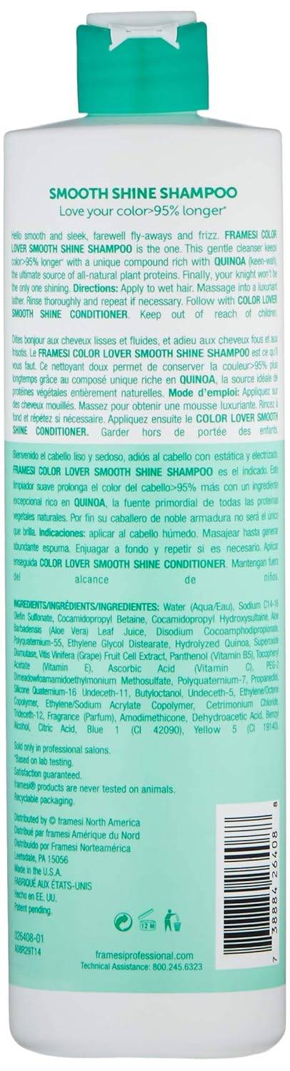 Framesi Color Lover Smooth Shine Shampoo, Sulfate Free Shampoo with Quinoa and Aloe Vera, Color Treated Hair  33.8 Oz