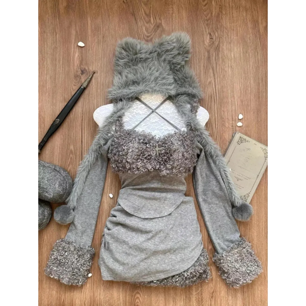 Furry Patchwork Halter Top & Ruched Skirt – Y2K Grunge