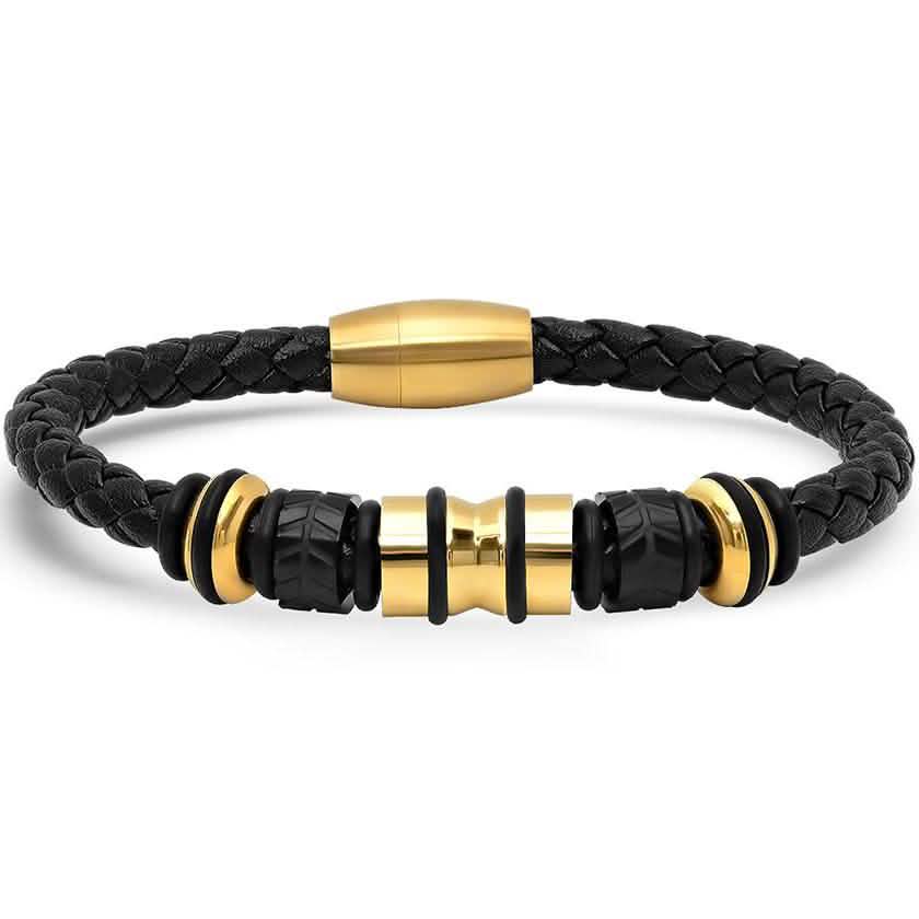 Genuine Black Leather Braided Bracelet With Stainless Steel Accents for Men