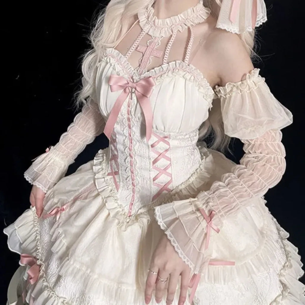 Harajuku Gothic Lolita Halter Dress – Off Shoulder Slim Waist Bow