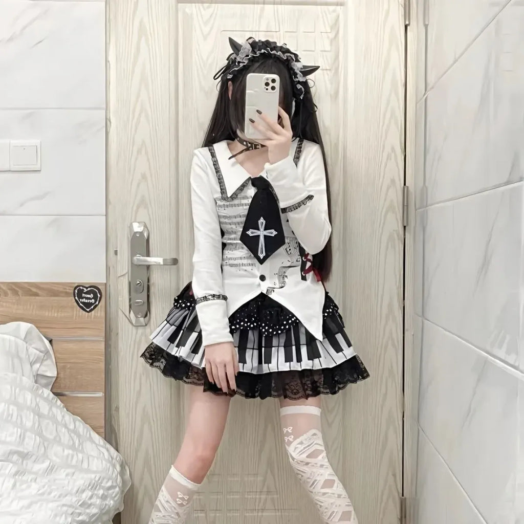 Piano Skirt – Gothic Lolita Polka Dot Lace