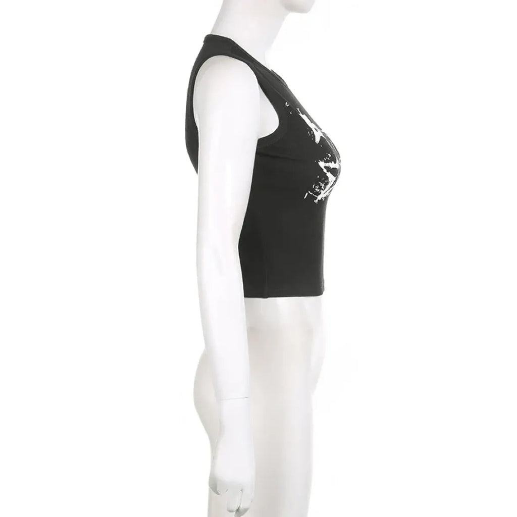 Guitar Print Tank Top - Ribbed Grunge Crop Top
