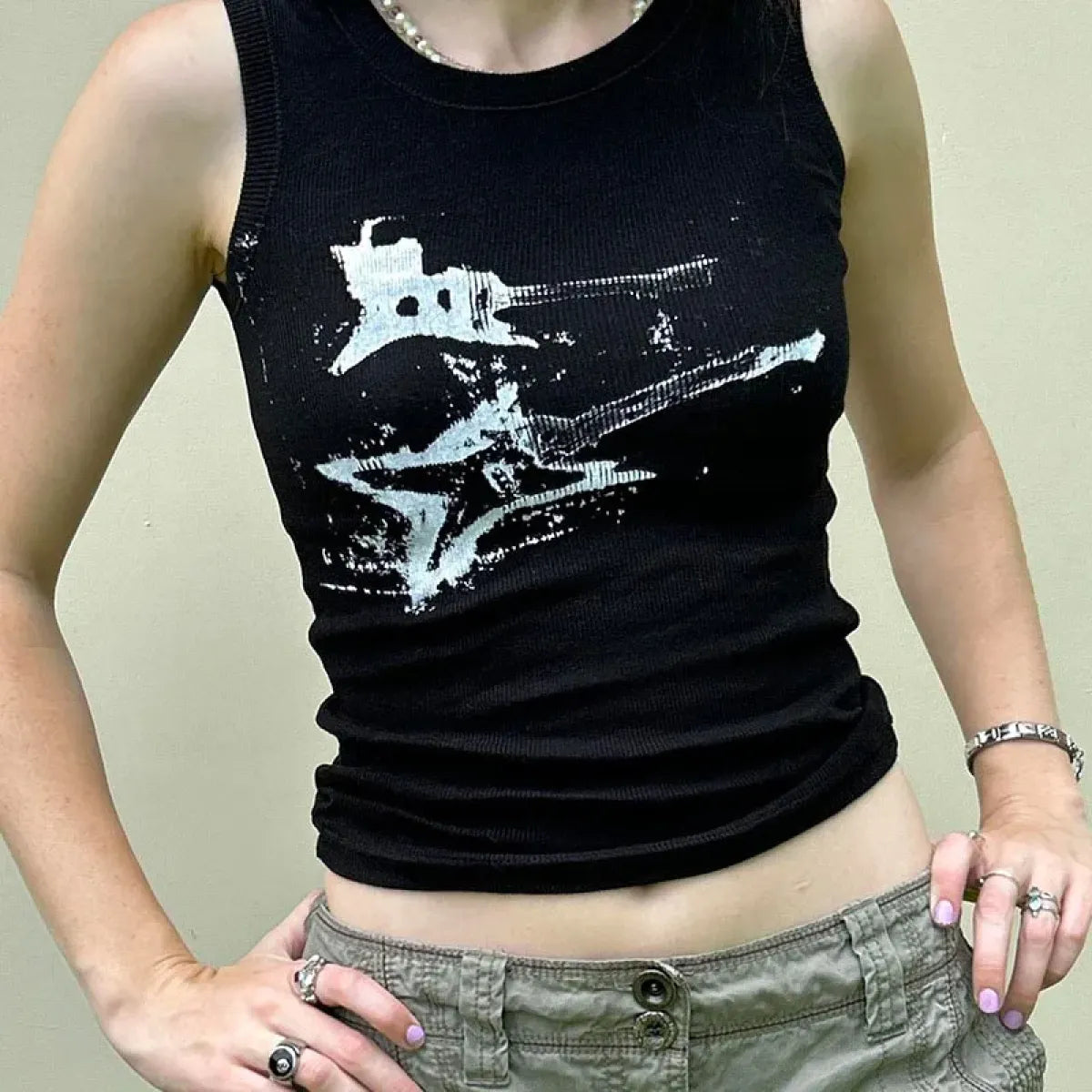 Guitar Print Tank Top - Ribbed Grunge Crop Top