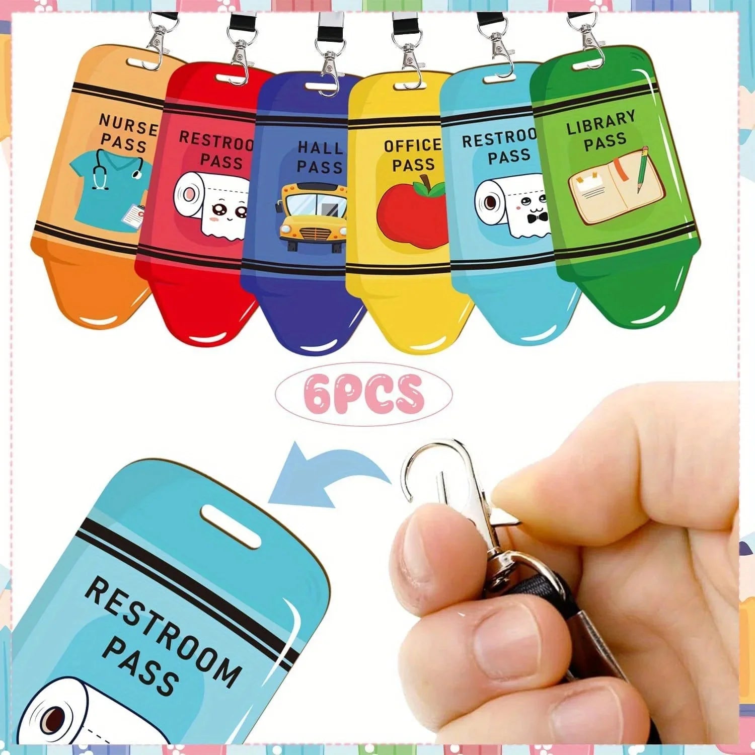 Classroom Hall Pass Set | 6 Lanyard Passes for School