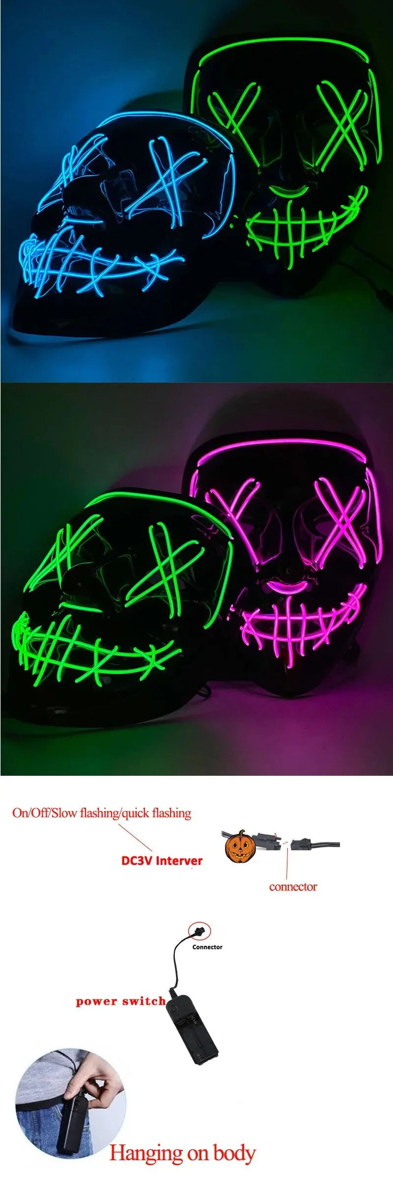 Halloween Neon LED Purge Mask – Light-Up Masquerade Party Accessory