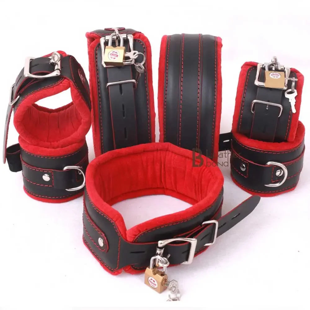 Real Leather 7-Piece Wrist, Ankle & Thigh Cuffs with Collar Complete Restraint Bondage Set | Red & Black