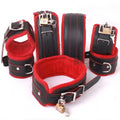 Real Leather 7-Piece Wrist, Ankle & Thigh Cuffs with Collar Complete Restraint Bondage Set | Red & Black