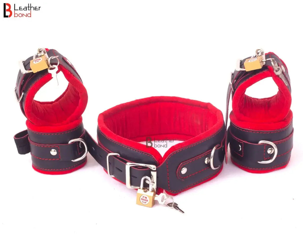 Real Leather 7-Piece Wrist, Ankle & Thigh Cuffs with Collar Complete Restraint Bondage Set | Red & Black