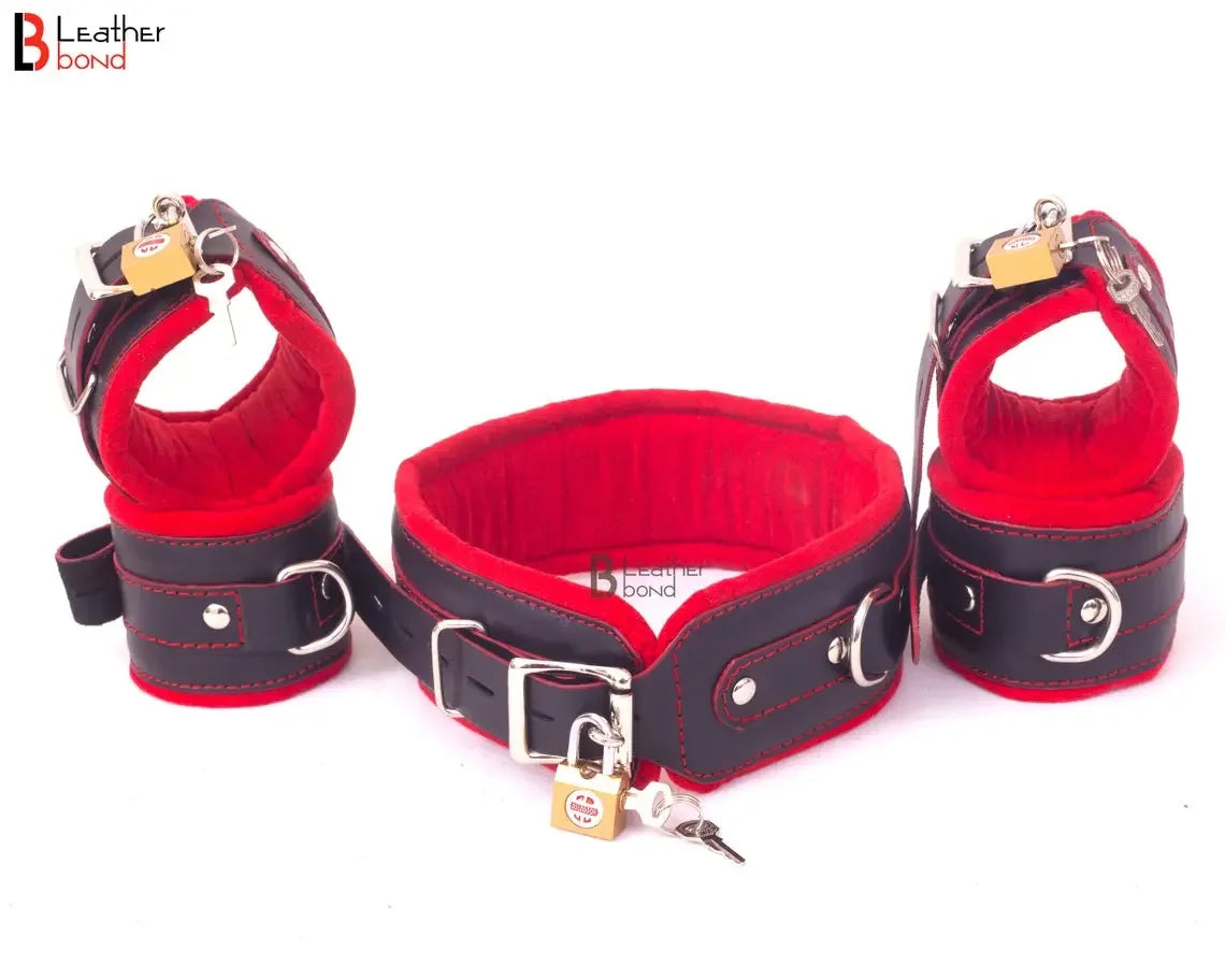 Real Leather 7-Piece Wrist, Ankle & Thigh Cuffs with Collar Complete Restraint Bondage Set | Red & Black
