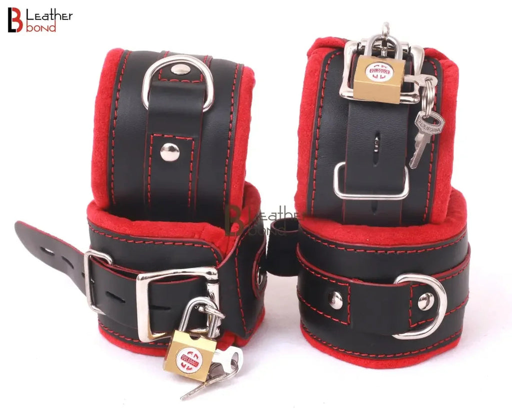 Real Leather 7-Piece Wrist, Ankle & Thigh Cuffs with Collar Complete Restraint Bondage Set | Red & Black