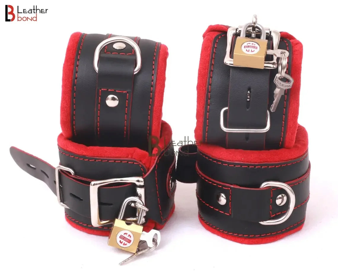 Real Leather 7-Piece Wrist, Ankle & Thigh Cuffs with Collar Complete Restraint Bondage Set | Red & Black