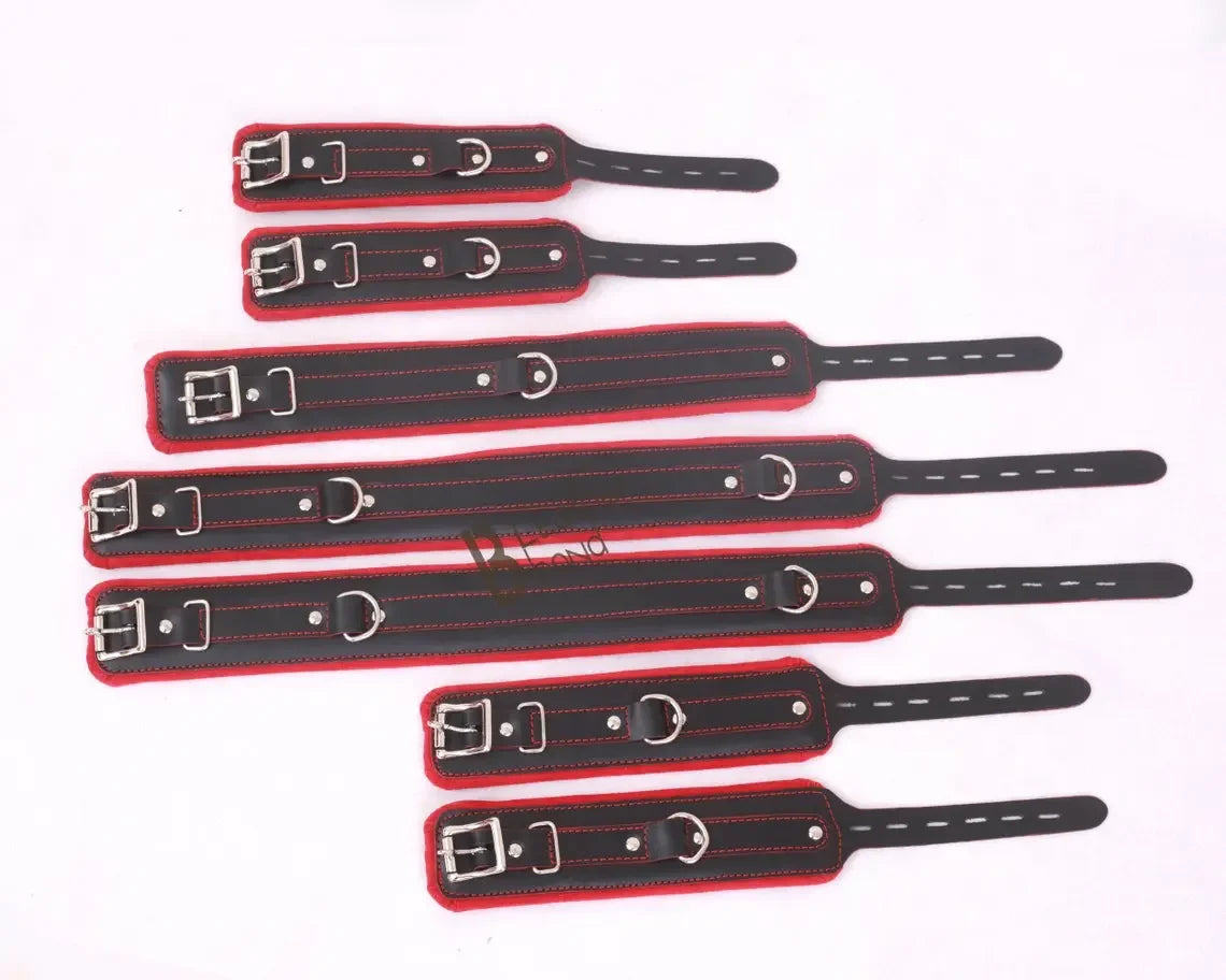 Real Leather 7-Piece Wrist, Ankle & Thigh Cuffs with Collar Complete Restraint Bondage Set | Red & Black