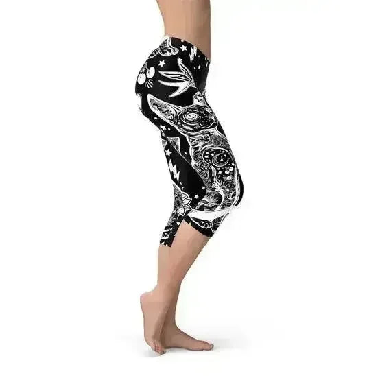 Womens Black Magic Cat Capri Leggings