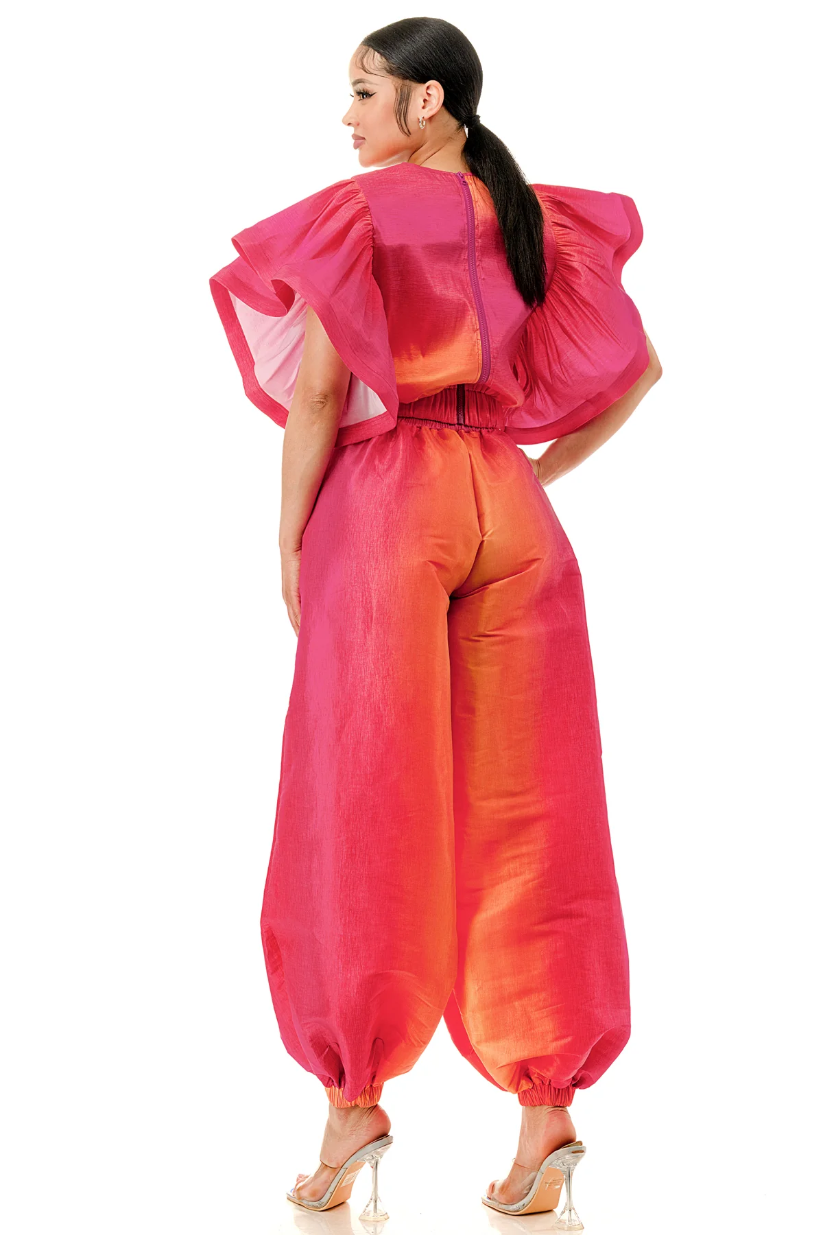 Tie Dye Waist Tie Ruffle Short Sleeve Elastic Waistband Top & Pants Set **Great Stretch**