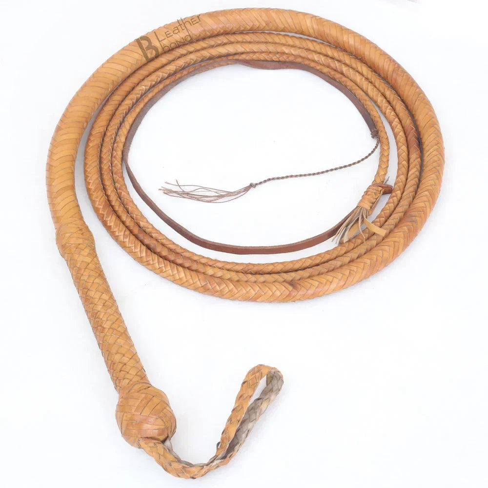 Bull Whip 6, 8, 10, 12, 14 & 16 Feet long 16 Strands Kangaroo Hide Bullwhip Tan Leather for whip cracking