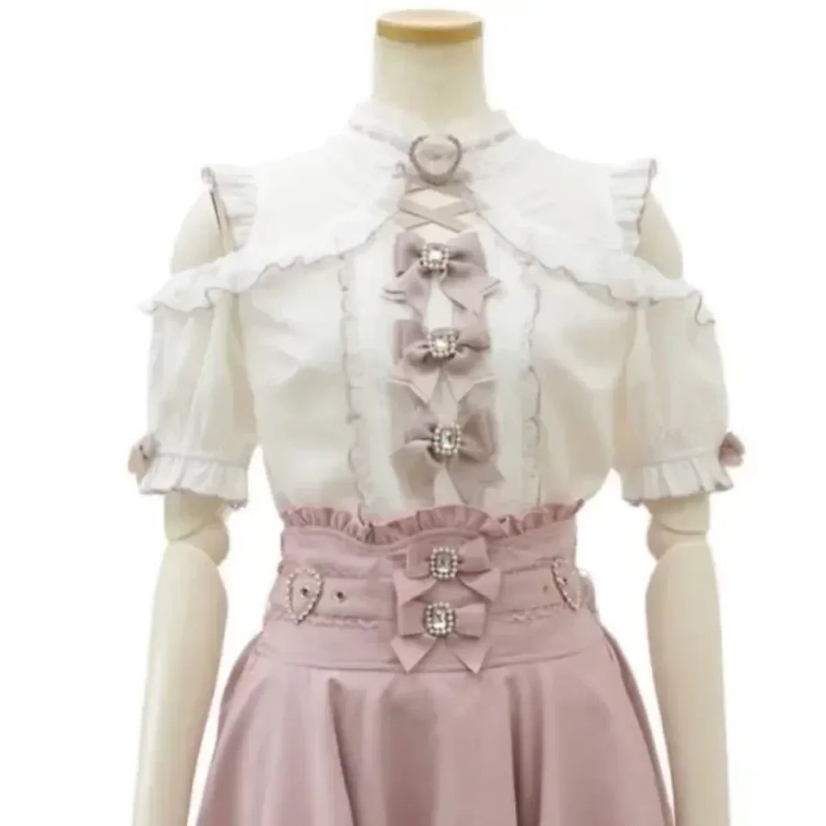 Kawaii Lace Patchwork Blouse – Y2K Off Shoulder Bow JK Shirt