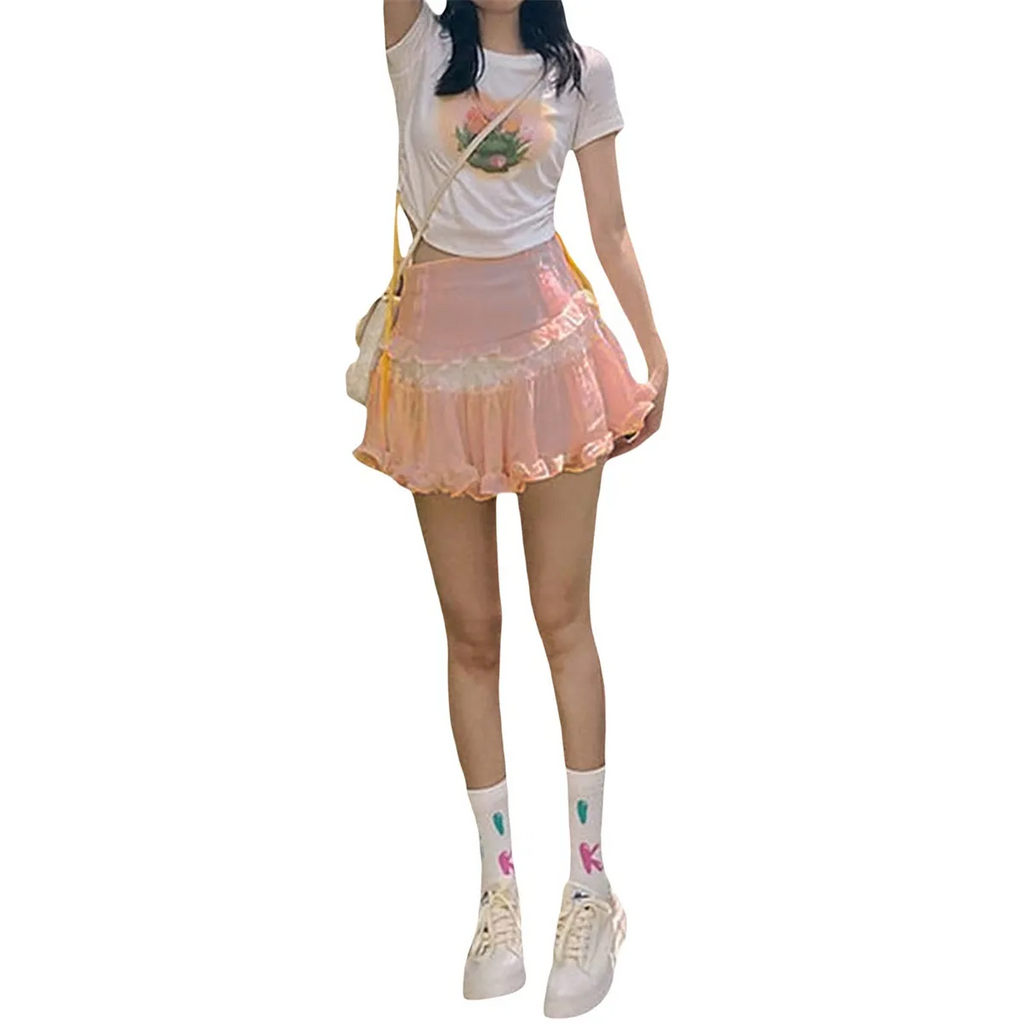 High-Waist Lace Ruffle Mini Skirt - Summer A-Line Patchwork