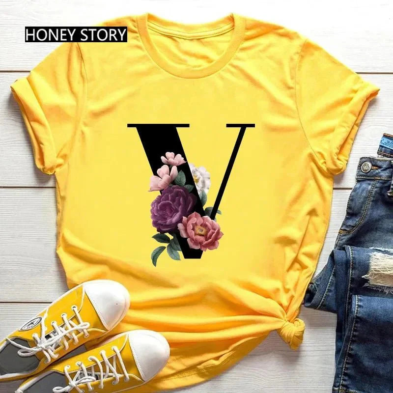 Large Size Flowers 26 English Letters Casual Yellow T-Shirt Short Sleeve | Unisex Y2K Graphic Tee