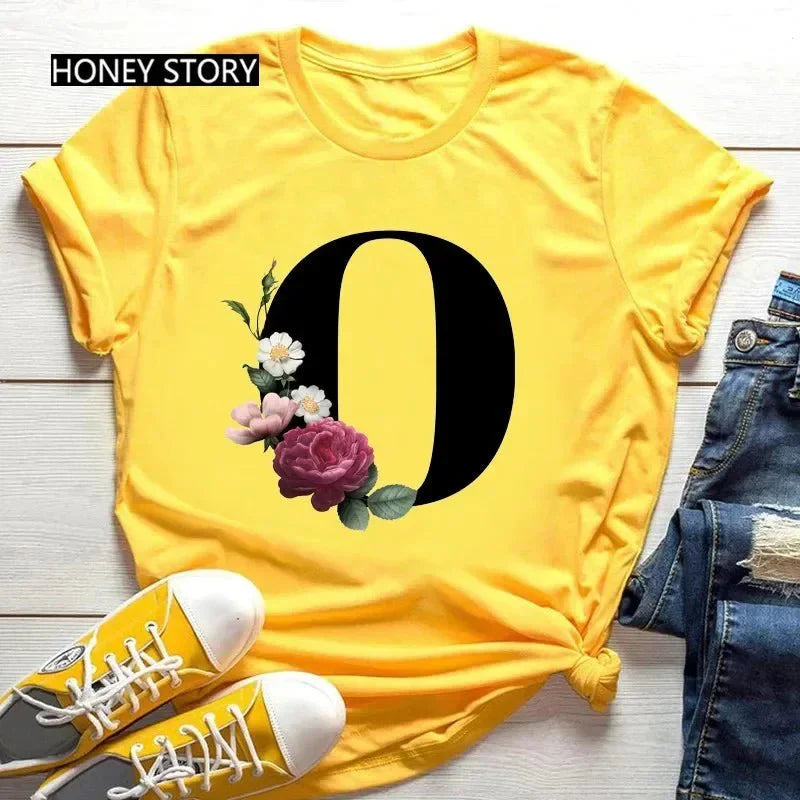 Large Size Flowers 26 English Letters Casual Yellow T-Shirt Short Sleeve | Unisex Y2K Graphic Tee