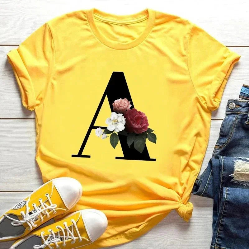 Large Size Flowers 26 English Letters Casual Yellow T-Shirt Short Sleeve | Unisex Y2K Graphic Tee