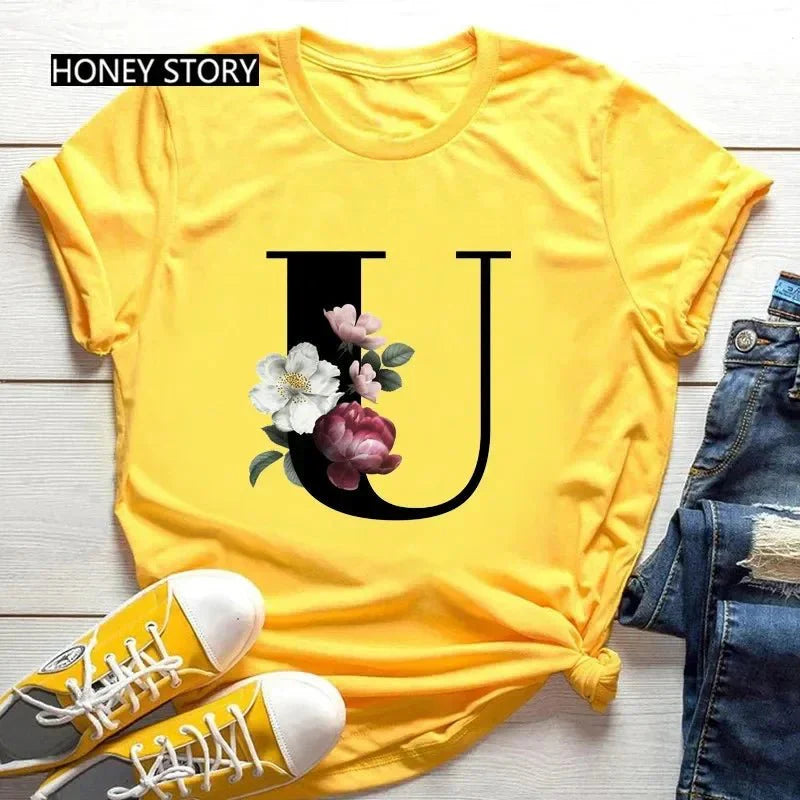 Large Size Flowers 26 English Letters Casual Yellow T-Shirt Short Sleeve | Unisex Y2K Graphic Tee