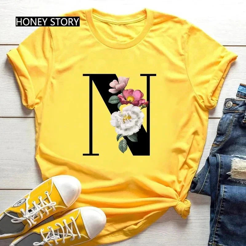 Large Size Flowers 26 English Letters Casual Yellow T-Shirt Short Sleeve | Unisex Y2K Graphic Tee