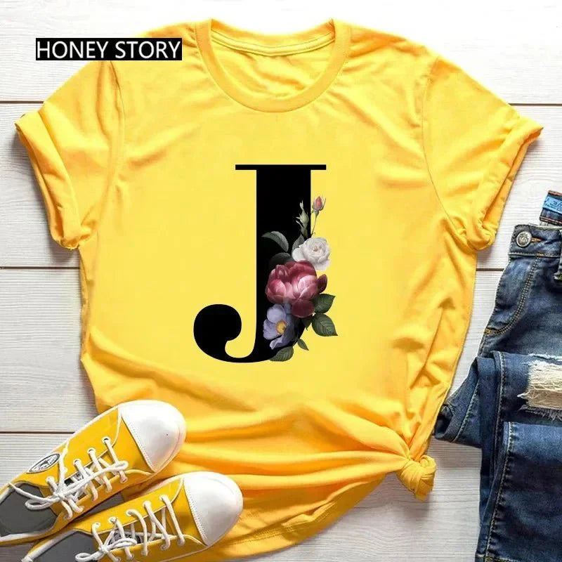 Large Size Flowers 26 English Letters Casual Yellow T-Shirt Short Sleeve | Unisex Y2K Graphic Tee