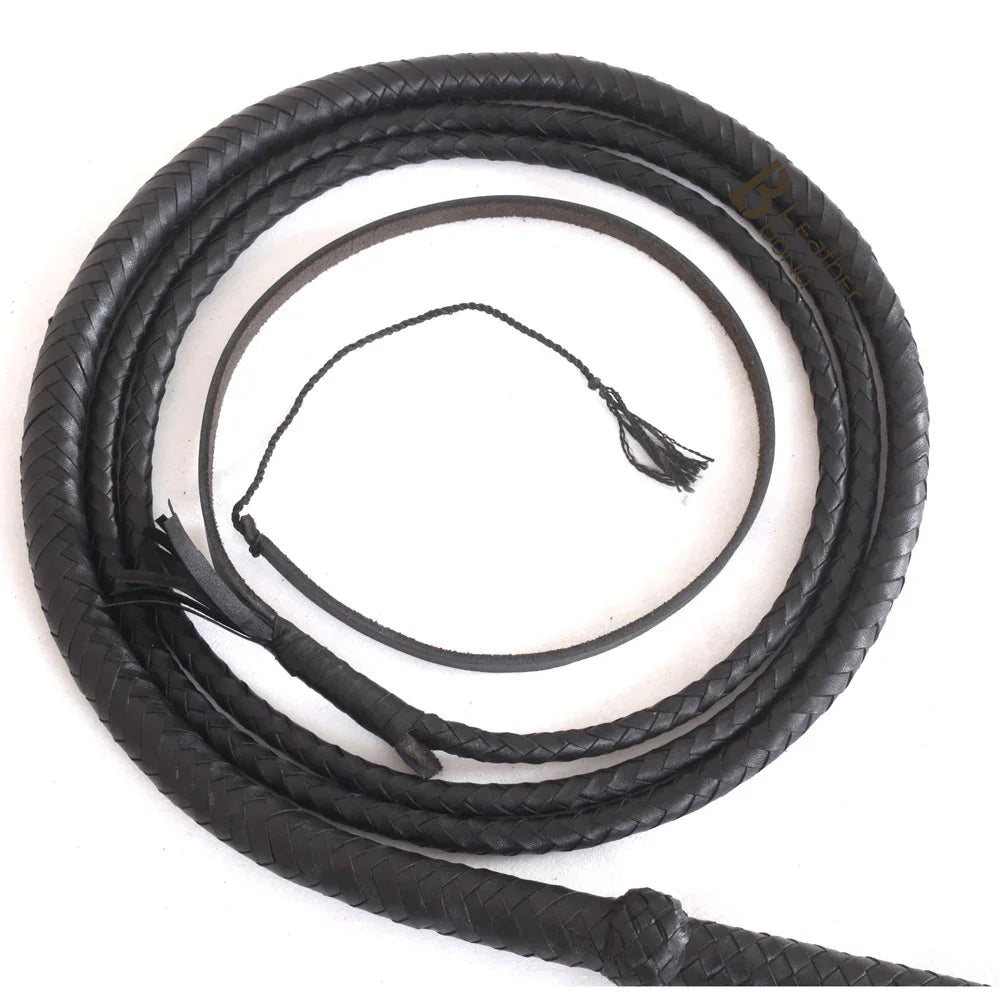 Black Leather Bullwhip 3ft, 4ft, 6ft & 8ft – 8 Plait Handmade Real Cowhide Rope Core Whip