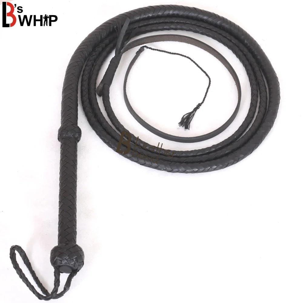 Black Leather Bullwhip 3ft, 4ft, 6ft & 8ft – 8 Plait Handmade Real Cowhide Rope Core Whip