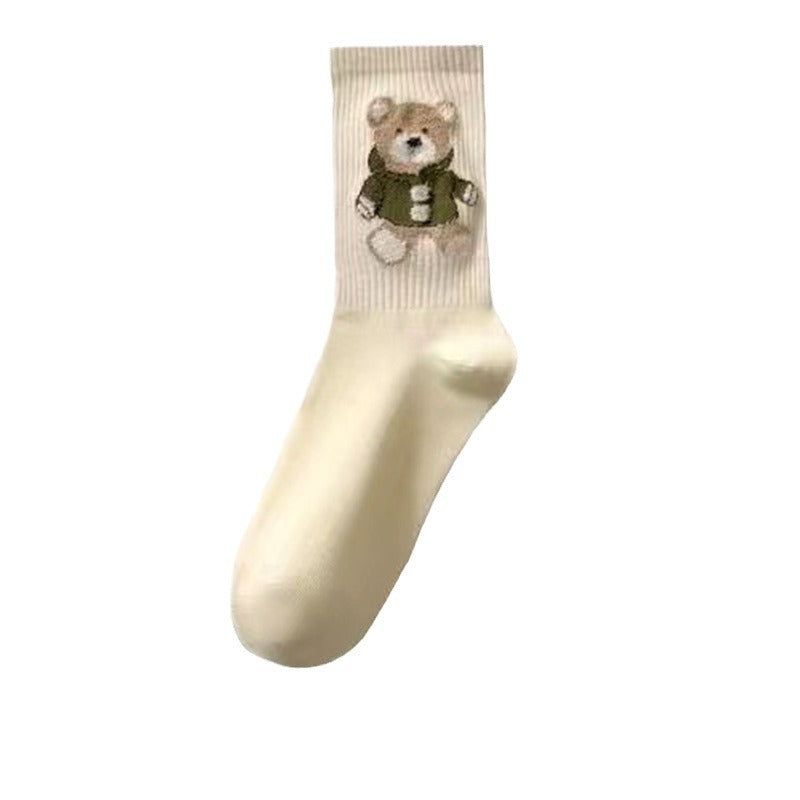 Little Bear Socks, Children's Middle Socks, Spring and Autumn Ins Trendy, Cute, Versatile, Fresh Japanese Coffee Color, Outerwear Long Socks, Autumn and Winter