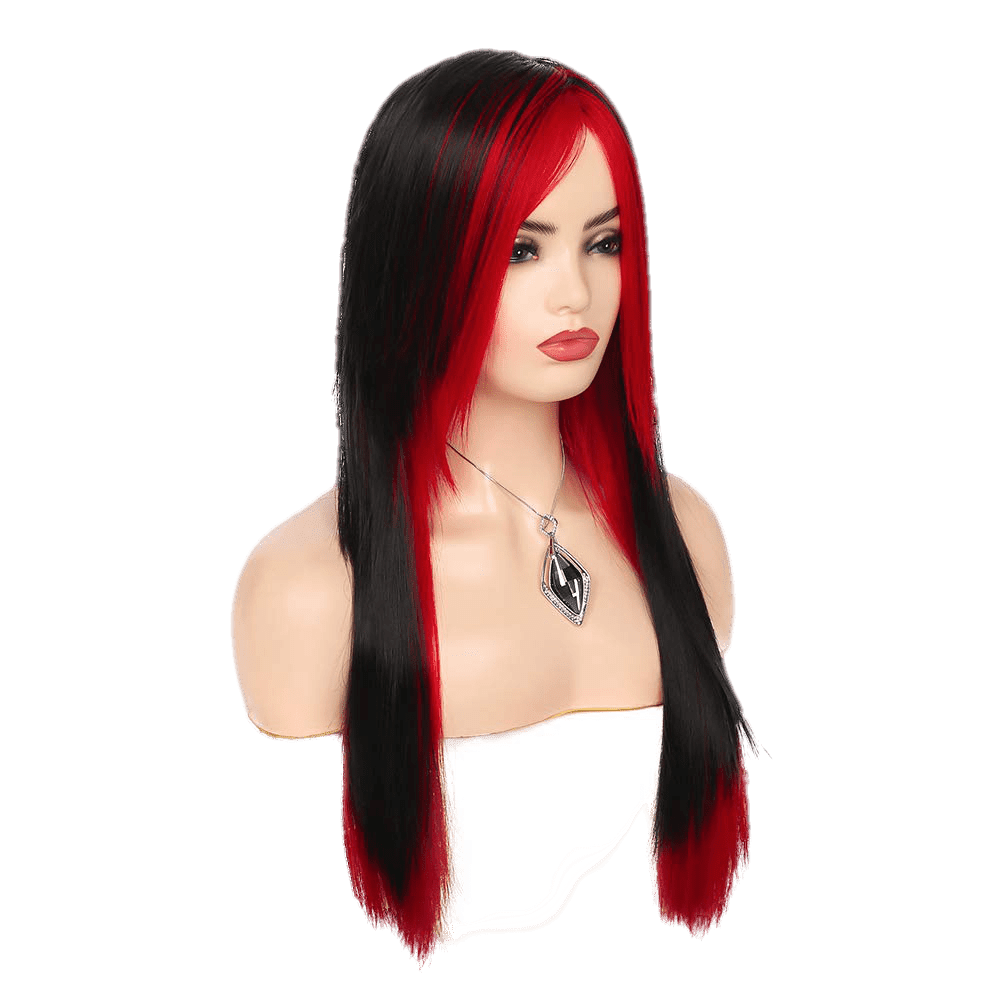 Long Red Black Wig Silky Straight Synthetic Heat Resistant Side Bangs