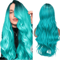 Long Wavy Side Part Wig Ombre Bluish Green color  Heat Resistant