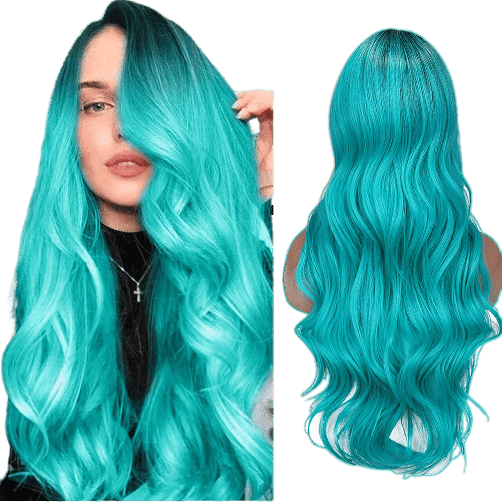 Long Wavy Side Part Wig Ombre Bluish Green color  Heat Resistant