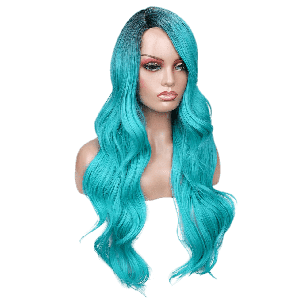 Long Wavy Side Part Wig Ombre Bluish Green color  Heat Resistant