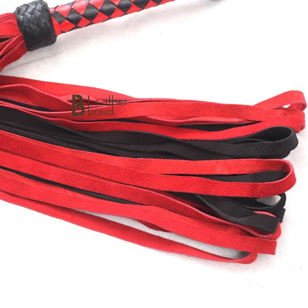 Real Cowhide Suede Leather Flogger 50 Rounded Loop Falls Red and Black Thuddy Whip | BDSM Impact