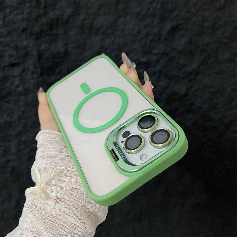 Magnetic Shockproof Transparent Phone Case with Stand Glass Lens Protection