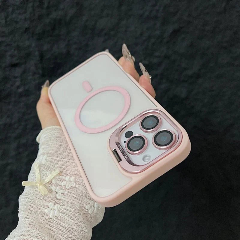 Magnetic Shockproof Transparent Phone Case with Stand Glass Lens Protection