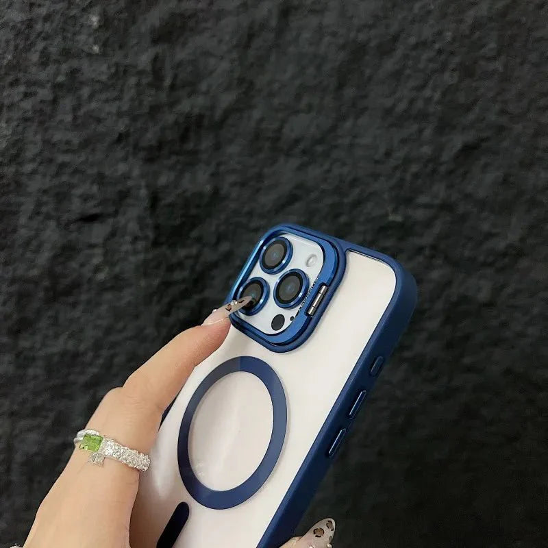 Magnetic Shockproof Transparent Phone Case with Stand Glass Lens Protection