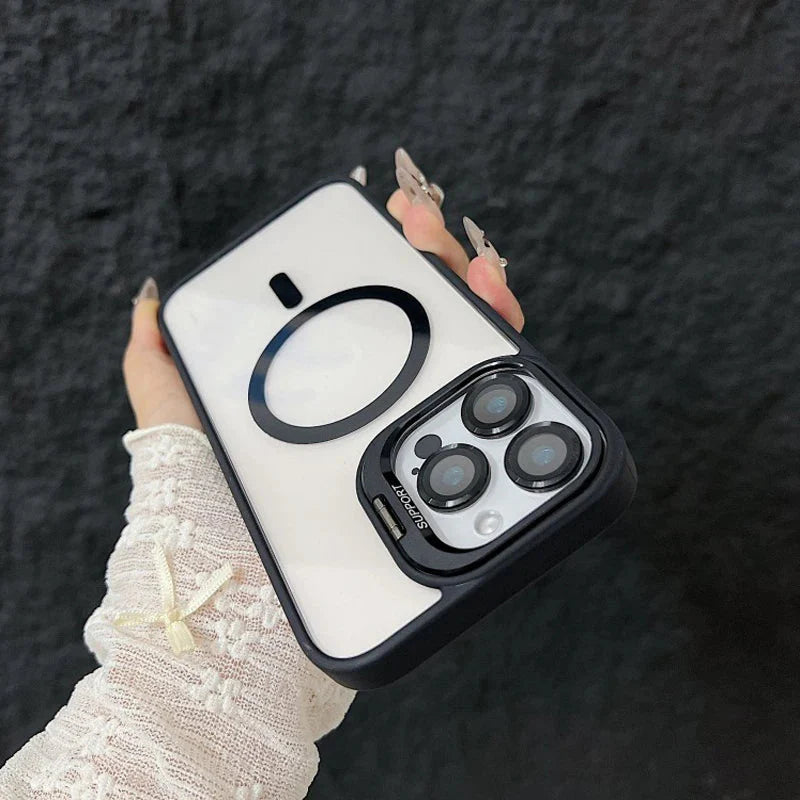 Magnetic Shockproof Transparent Phone Case with Stand Glass Lens Protection