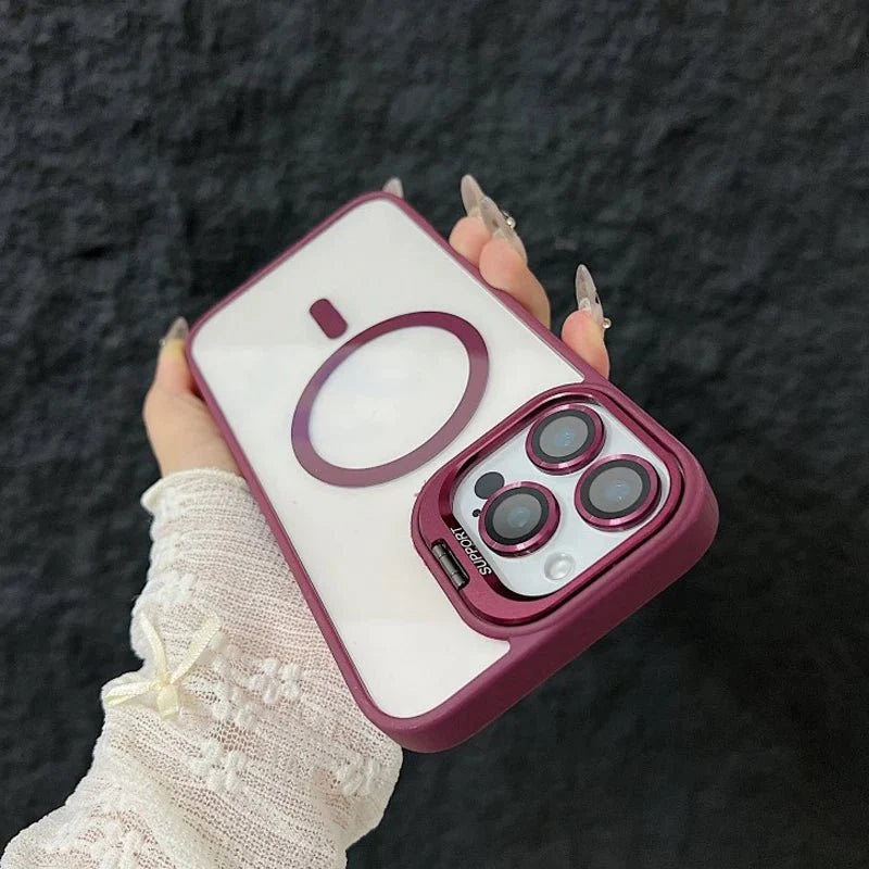 Magnetic Shockproof Transparent Phone Case with Stand Glass Lens Protection