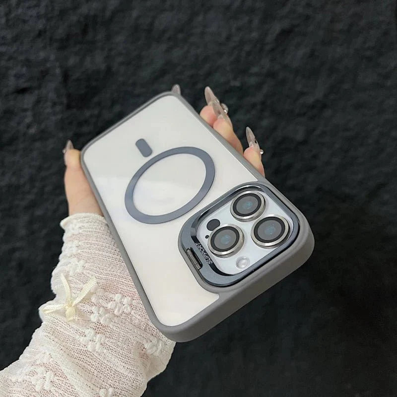 Magnetic Shockproof Transparent Phone Case with Stand Glass Lens Protection
