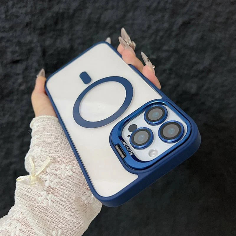 Magnetic Shockproof Transparent Phone Case with Stand Glass Lens Protection