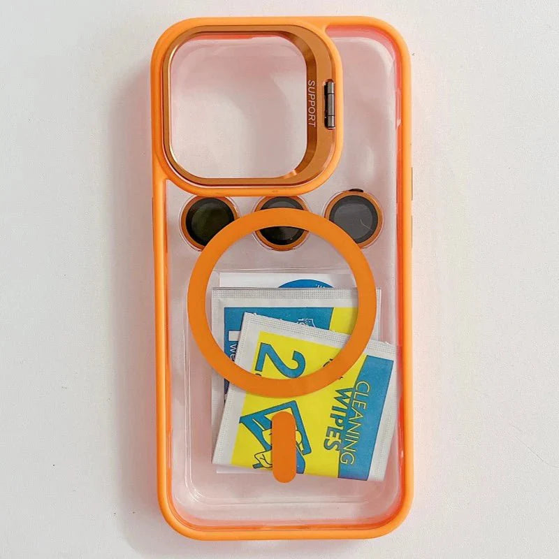 Magnetic Shockproof Transparent Phone Case with Stand Glass Lens Protection