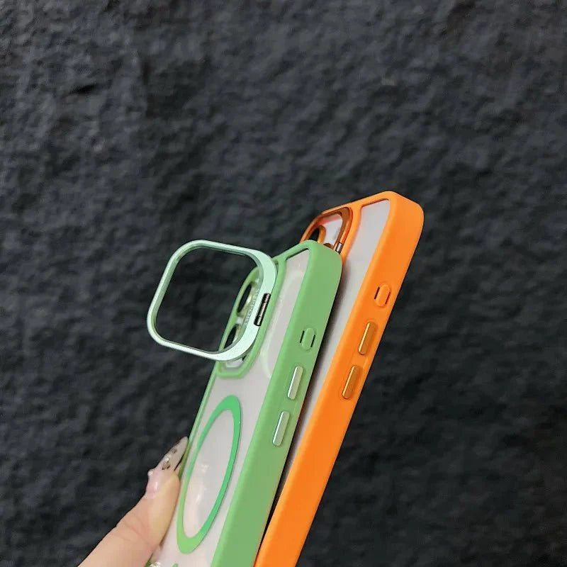 Magnetic Shockproof Transparent Phone Case with Stand Glass Lens Protection