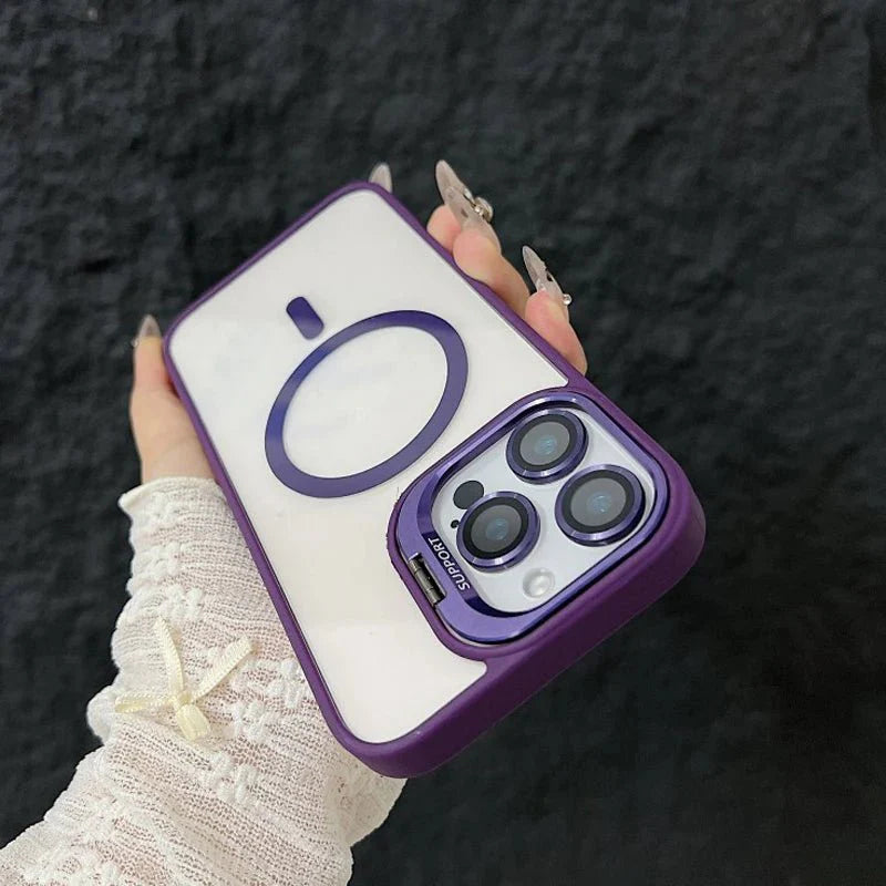Magnetic Shockproof Transparent Phone Case with Stand Glass Lens Protection