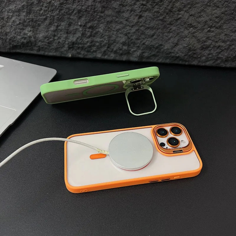 Magnetic Shockproof Transparent Phone Case with Stand Glass Lens Protection
